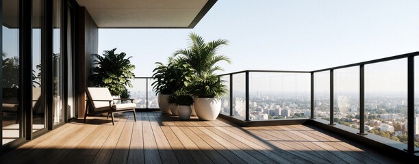 Obraz premium Modern penthouse balcony with wooden deck, glass railing. Large green potted plants stand near white armchair. Wide city view from high floor apartment. Empty outdoor terrace provides copy space for