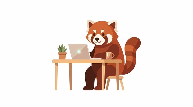 Cute Red Panda Working on Laptop Computer at Desk.
