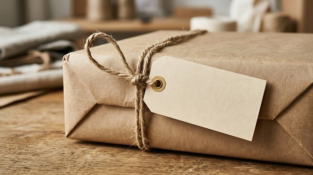 Brown Wrapped Gift with Twine and Blank Tag in Rustic Setting