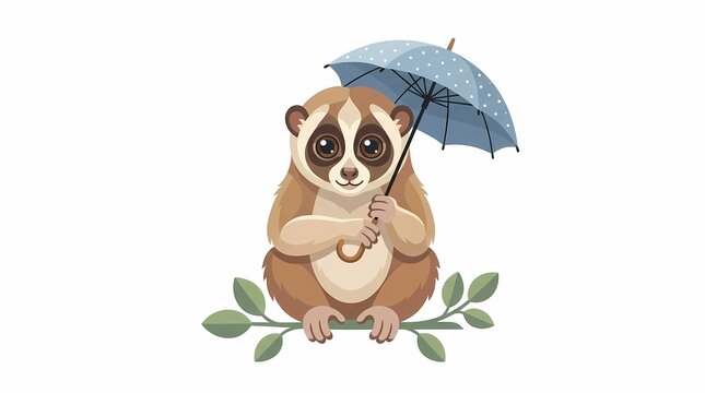 Cute slow loris holding an umbrella sitting on a tree branch illustration.