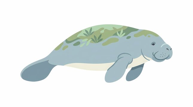 Cute cartoon manatee swimming in the ocean.