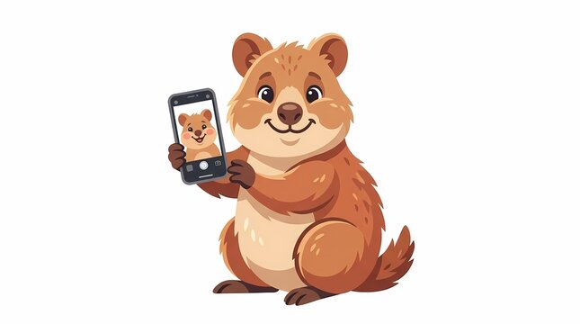 Cute cartoon quokka taking a selfie with a smartphone.
