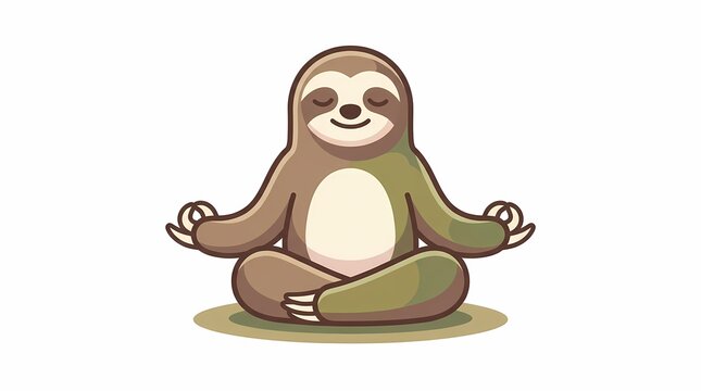 Cute cartoon sloth character sitting in lotus pose meditating.