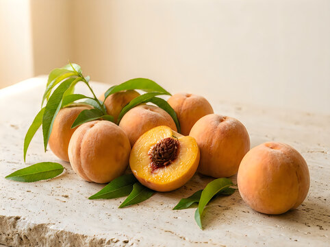 Fresh ripe apricots with green leaves arranged on a light marble surface