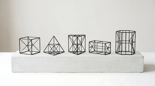 Geometric Wireframe Shapes Arranged on Concrete Pedestal