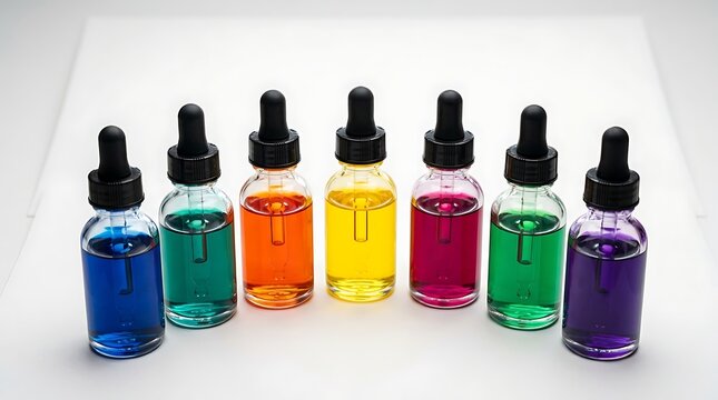 Colorful Glass Bottles with Droppers in Rainbow Arrangement