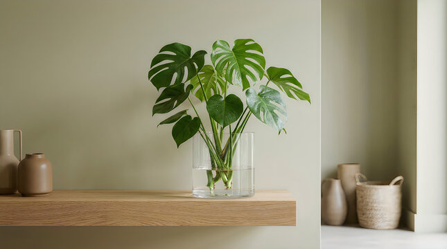 Monstera plant in a glass vase on a wooden shelf against a neutral wall