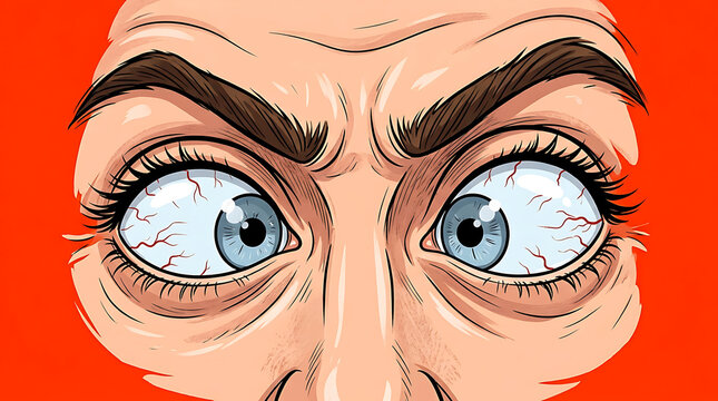 A vibrant digital drawing portrays a person with wide bulging bloodshot eyes staring wildly under intense pressure, capturing an emotional outburst of severe panic and mental instability