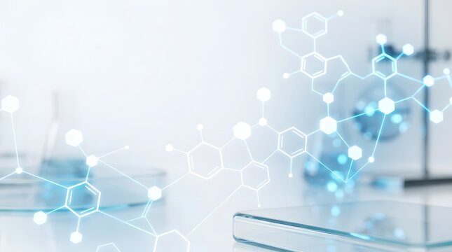 Scientific molecular structures with bright blue glow on lab background