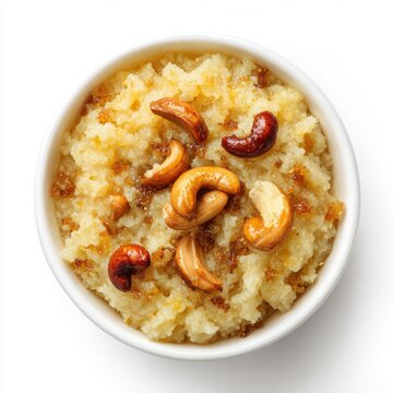 Pongal sweet rice made with jaggery rice and ghee garnished  isolated on a white background