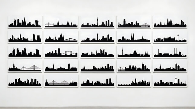 An organized grid arrangement displays numerous dark metropolitan skylines mounted horizontally on a bright gallery wall displaying diverse international cityscapes for global travel inspiration