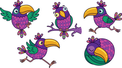 Fototapeta premium Cute Exotic Toucan Bird Vector Character Set Flying, Perching on Branch, Running, and Sleeping for Colorful Tropical Wildlife and Kids Designs