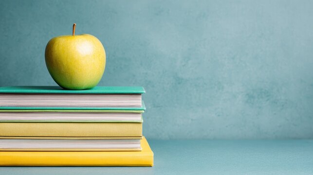 Green apple on a stack of books against a textured teal background