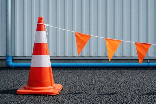 Orange traffic cone with white stripes, safety pennant flags stands on asphalt. Red, white plastic marker cordons off construction zone near metal building wall. Temporary barrier signals danger,