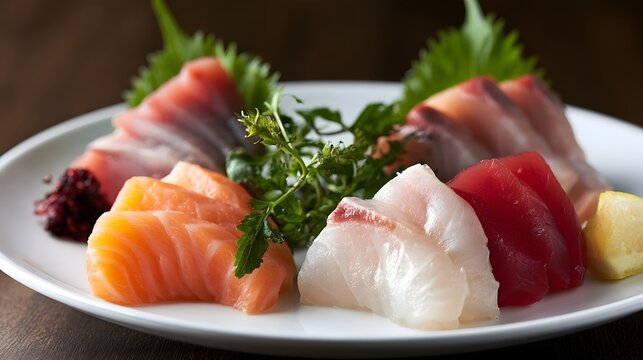 A plate of fresh sashimi with assorted fish slices  garnished with green herbs and lemon wedge on a white dish