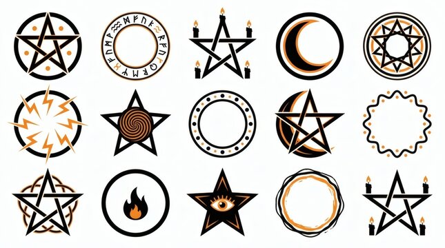 Black And Orange Two Tone Flat Vector Magic Circle Occult Symbols Collection

