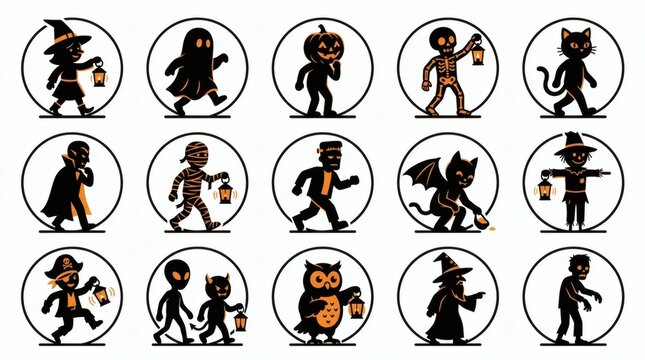 Black And Orange Two Tone Flat Vector Costumed Trick Or Treat Trail Figures Collection


