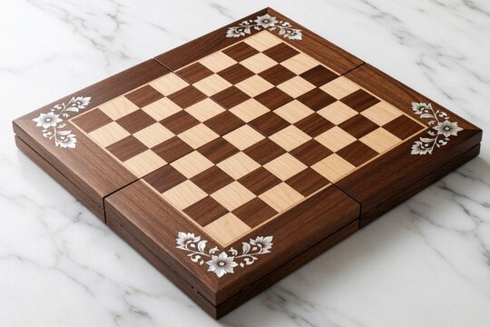 Open wooden chessboard with inlaid floral design rests on marble surface. Classic game board crafted from dark and light wood, ready for play.