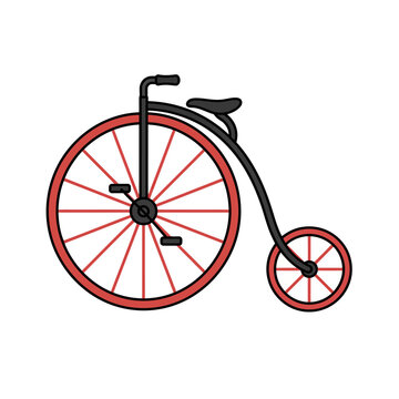 Vintage penny farthing bicycle vector illustration featuring a large front wheel and a small back wheel design isolated on a white background