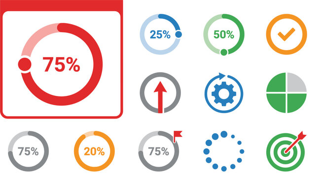 Flat design infographic elements including progress circles, target, checkmark, and gear icon set
