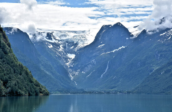 View to the Melkevollbreen glacier at the southern end of the Oldevatnet Lake. Norway.