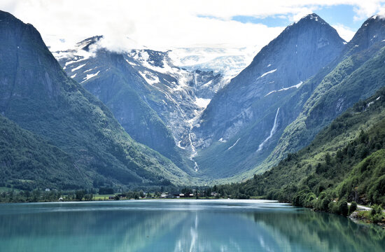 View to the Melkevollbreen glacier at the southern end of the Oldevatnet Lake. Norway.