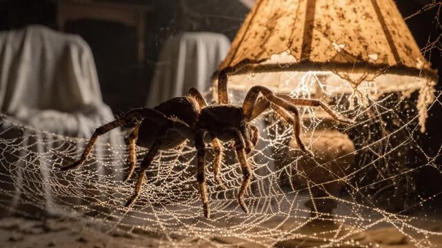 Large Tarantula Spider Sitting in Dark Spooky Room. 4K Video