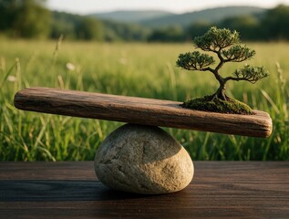 Fototapeta premium Small bonsai tree grows on wooden plank balanced on large round stone. Concept of equilibrium between nature, business. Miniature plant sits on timber beam in green meadow. Symbol of sustainability,