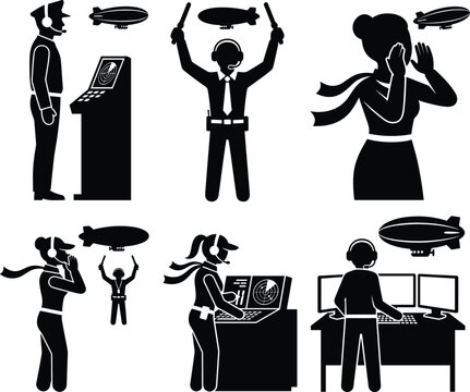 Air Traffic Controller Icon Set Black Silhouette Characters Working Radar Console Airship Blimp Marshalling Signal Vector Illustration Collection