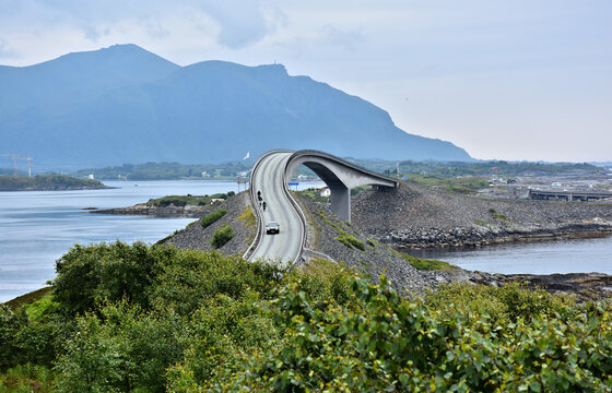 Spectacular Atlantic Road (Atlanterhavsveien) - connection from the mainland Romsdal peninsula to the island of Averoya in More og Romsdal county. Norway.