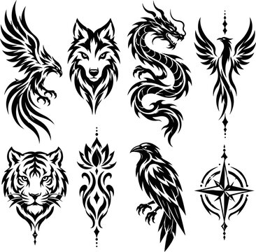 Tribal animal tattoo flash sheet vector collection. Black and white mystic silhouette designs set.