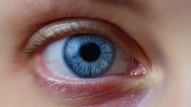 Eye shows redness, swelling, and tearful moisture. Close-up reveals detailed eyelid texture and blue iris. Emotion suggests discomfort or irritation, not distress. Ideal for health, medical