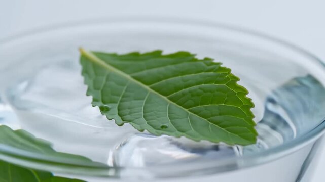 Fresh mint leaf floats gently in clear water. Ice cubes glint under bright, clean light. Glass bowl holds crisp, cool, refreshing scene. Perfect for health, spa, or wellness themes