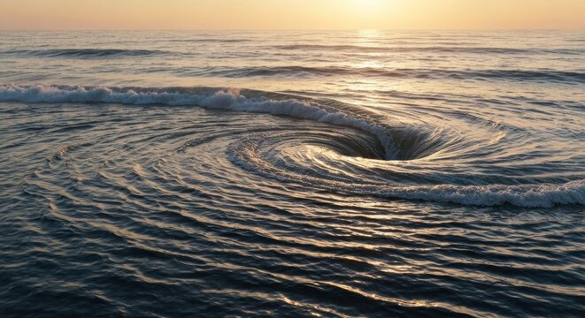 A dramatic ocean scene depicts a powerful, swirling vortex during golden hour