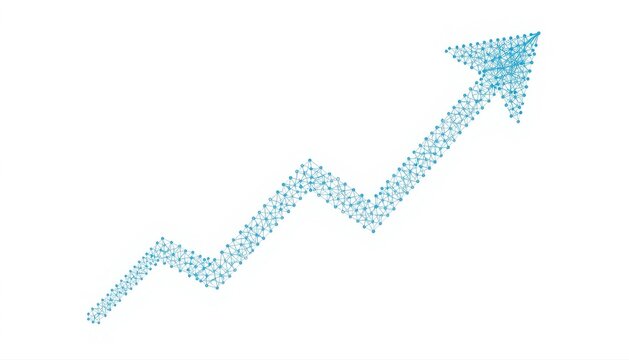 Rising financial arrow chart composed of blue digital network particles with growth chart business growth rising graph data visualization abstract network market trend economic growt