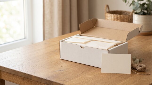 Open white cardboard delivery box with blank card mockup on wooden table in bright cozy room