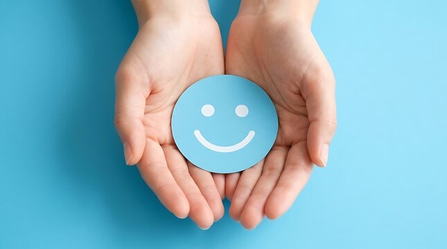 Hands holding blue smiley face icon