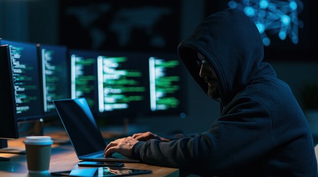 Hooded hacker typing on laptop in dark office with code screens and cyber security concept