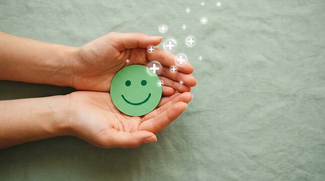Hands holding green smiley face icon with sparkles