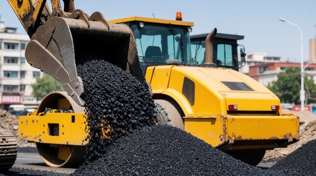 Excavator dumps asphalt on construction site. Yellow compactor machine compacts road surface. Urban infrastructure works, heavy industry equipment prepares new street.
