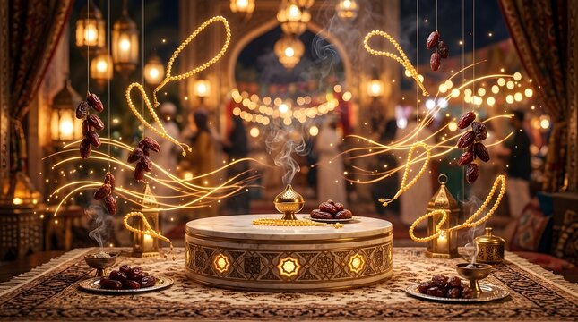 Festive Ramadan dinner table with dates bowls glowing lanterns and flying prayer beads in warm light setting