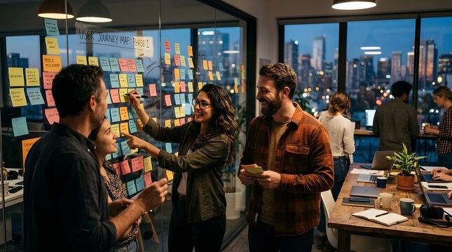 Two coworkers place and review colorful sticky notes on a glass wall, creating a collaborative project plan that represents brainstorming, teamwork, strategy, organization and ideas.
