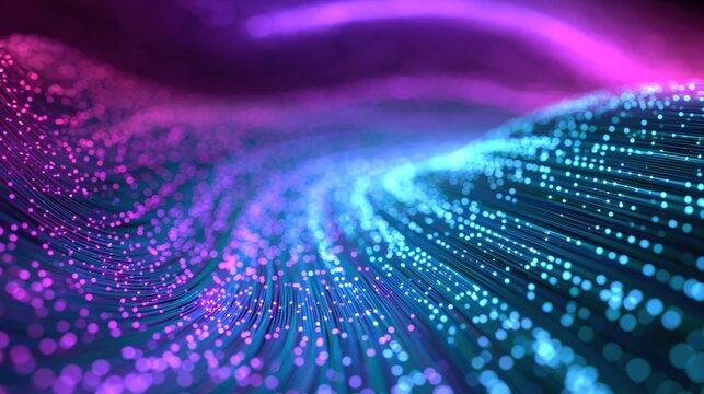 Abstract neon particle waves with glowing blue and magenta light trails background