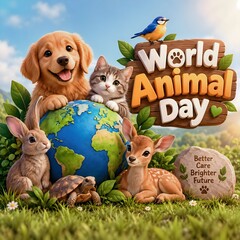 Obraz premium World Animal Day 3D Illustration – Cute Animals, Earth and Wildlife Care