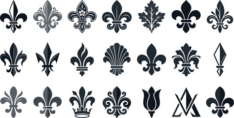 Fleur de lis silhouette icon vector collection set with black vintage heraldic lily crest emblems and decorative ornaments © moinul