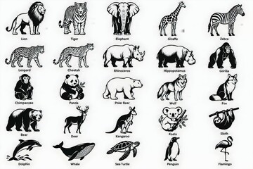 Fototapeta premium 25 Black and White Animal Icons Vector Set – Wildlife Collection with Labels