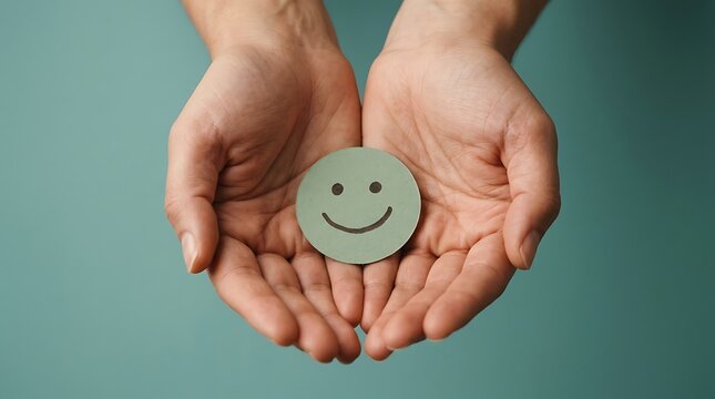 Human hands holding a green smiley face circle