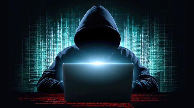 Hooded hacker using laptop with digital code background in dark cyber security concept