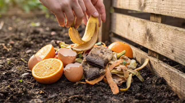 Person adding organic kitchen waste like banana peels, eggshells, and tea bags to a home compost pile in a garden