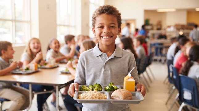 Happy schoolboy holding a tray with a healthy lunch in a school cafeteria
